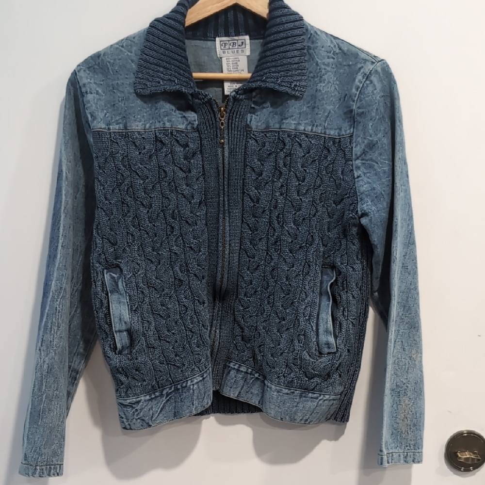 PBJ Blues Vintage Denim Jacket with Cable Knit Front And Back Size Small